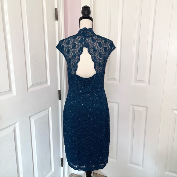 Connected Apparel teal lace and sequin sleeveless fitted evening cocktail dress - Picture 8 of 16